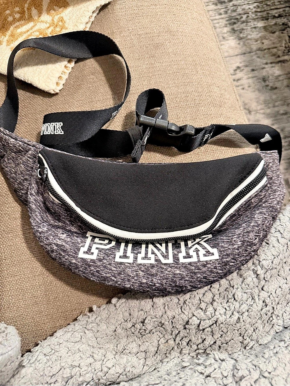 PINK Logo Fanny Pack Bag in Black & Gray
